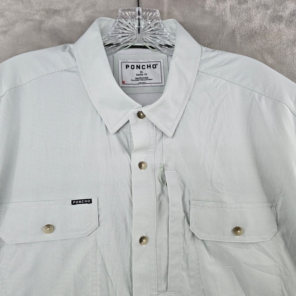 Poncho Fishing Shirt Mens XL Green Micro Check Magnetic Pockets Short Sleeve